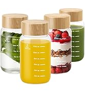 Freshmage 4 Pack Glass Water Bottles with Lids, 16 oz Reusable Wide Mouth Glass Juice Bottles wit...