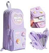 Large Capacity Kawaii Purple Pencil Case - Cute 3-Compartment Stationery Organizer for School Sup...