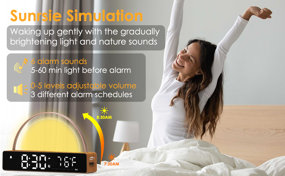 yong female wake up refreshed by light alarm clock with sunrise simulation
