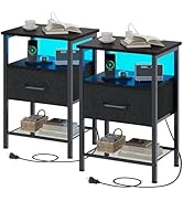 TRIFEBLE Night Stand Set 2, End Table with Charging Station, LED Bedside Table with Fabric Drawer...