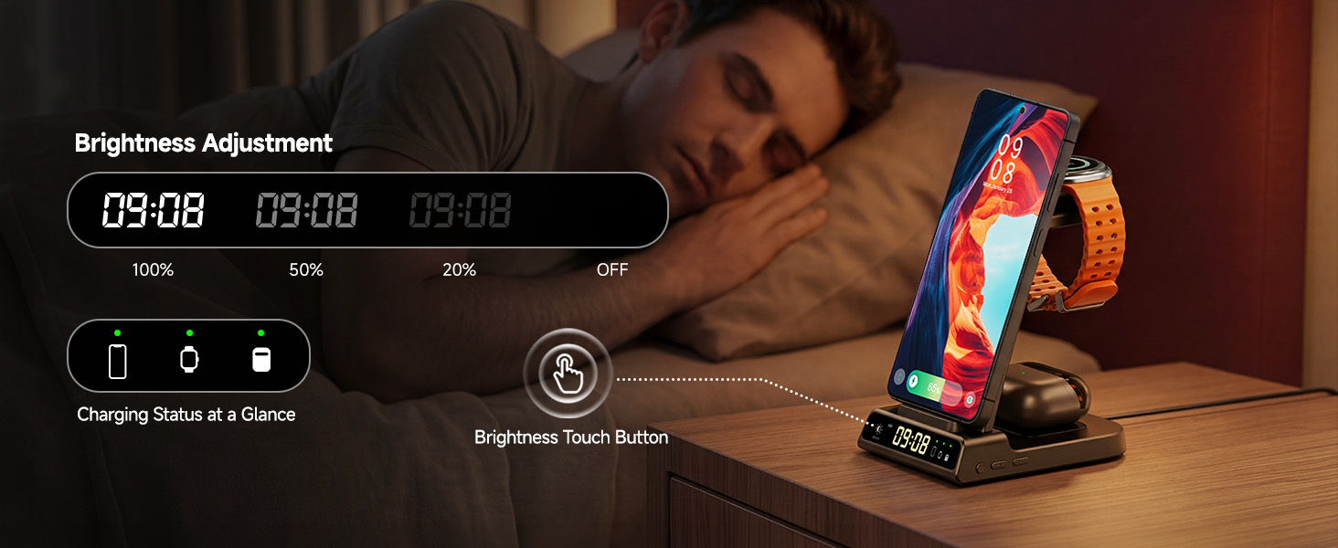 Text reads 'Brightness Adjustable' '12:00' '1:30' '13:38', showing mobile phone display with fan product image and specification details visible.