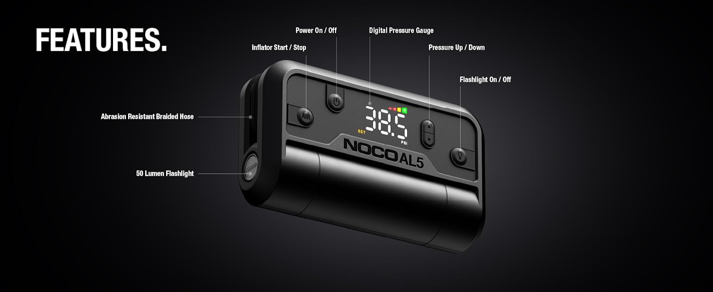 battery powered tire inflator featuring digital pressure gauge auto shutoff 50 lumen led flashlight