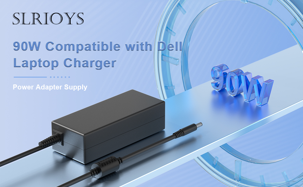 Text reads 'SLRJOYS' and '90W Compatible with Dell Laptop Charger'. Product photos showing a black laptop power adapter from multiple angles against a blue gradient background.