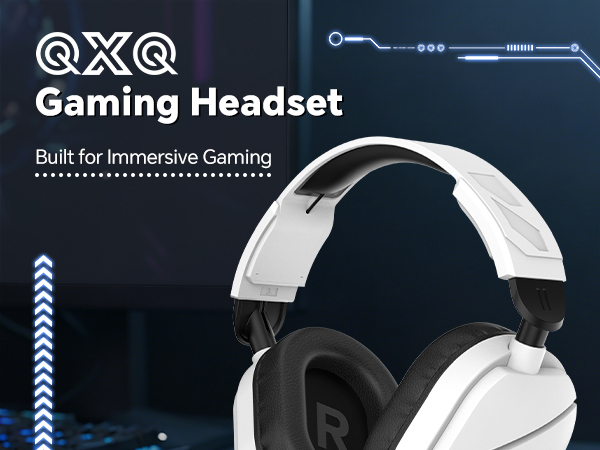 Text reads 'QXQ' and 'Gaming Headset' and 'Built for Immersive Gaming'. White gaming headset with LED lighting shown from multiple angles against dark background.
