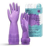 FMP Brands [3 Pairs] Dishwashing Kitchen Cleaning Long Sleeve Gloves Purple Color - Reusable Heav...