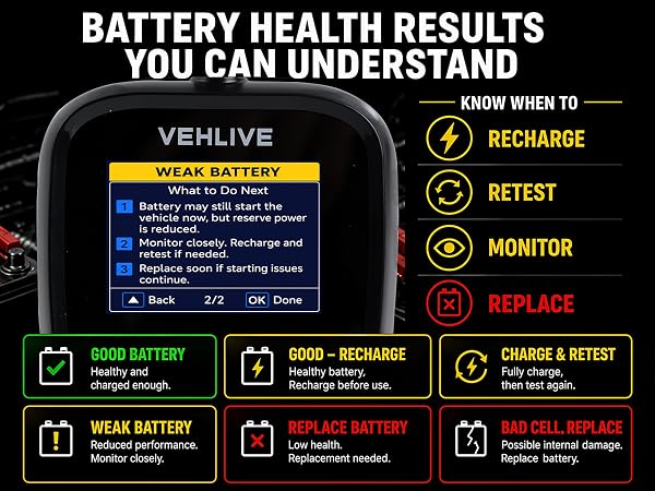 BT900 battery health test results with next step guidance