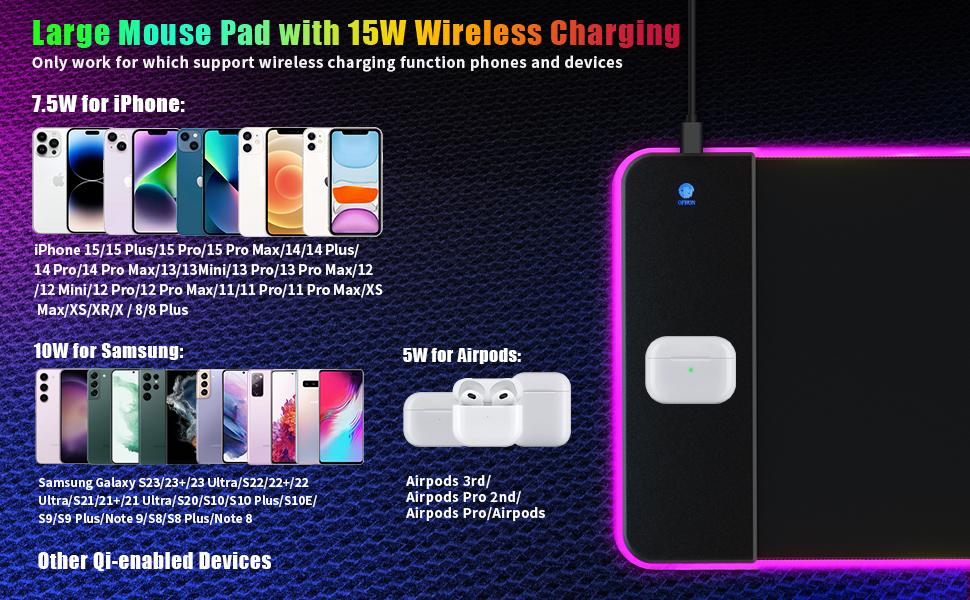RGB Gaming Mouse Pad with 15W Wireless Charging