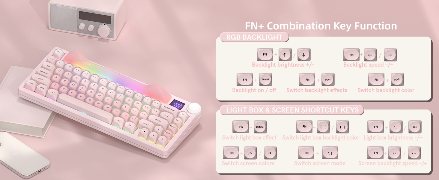 75% Wireless Mechanical Keyboard with Screen and Knob, Pink Cat Creamy Bluetooth Gaming Keyboard