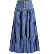 CIDER Womens Long Jean Denim Tiered Button Down High Waist Maxi Skirts | A Line, Western, Boho Ou...