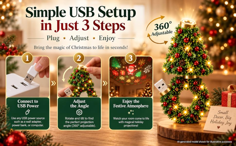 Christmas Projector Light, USB Holiday Projector for Wall Ceiling Decor
