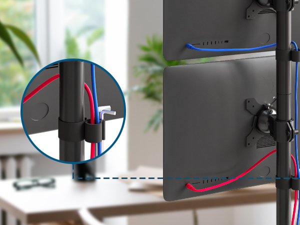 Close-up of cable management system showing red and blue color-coded wiring paths with mounting brackets on dark surface.