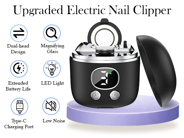 New 3-in-1 Elecrtic nail clipper with magnifying glass, dual trimming head and 3 adjustable speeds