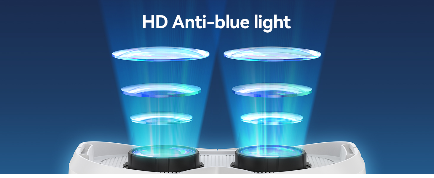 Two cylindrical beams of blue light emanating from circular bases, demonstrating HD anti-blue light technology against a dark background.