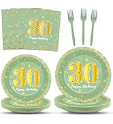96Pcs Green Gold 30th Birthday Party Plates and Napkins for Sage Green 30 Year Old Birthday Party...