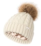 YANIBEST Womens Winter Beanie Hat Satin Lined Knitted Beanie Hat Warm Soft Ski Cuff Cap with Pom Pom
