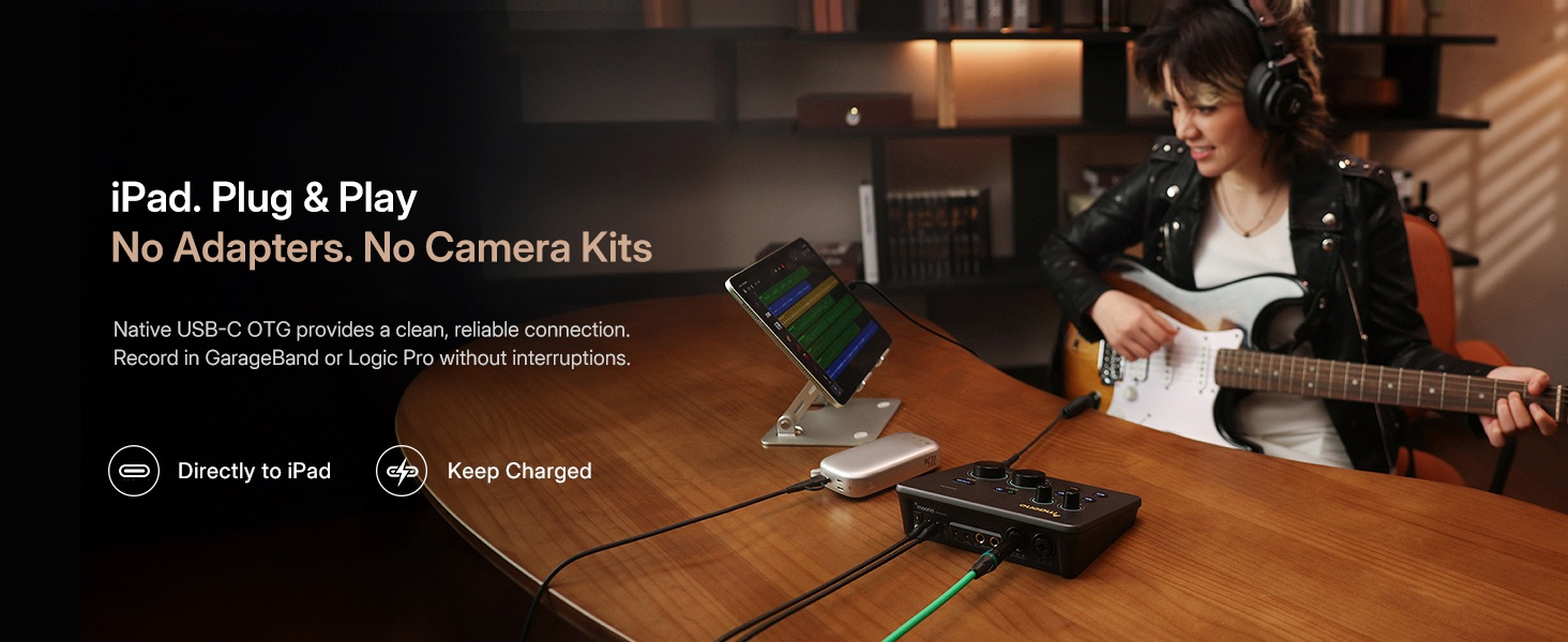 Musician recording guitar music directly on iPad with Maono P2 audio interface OTG connectivity