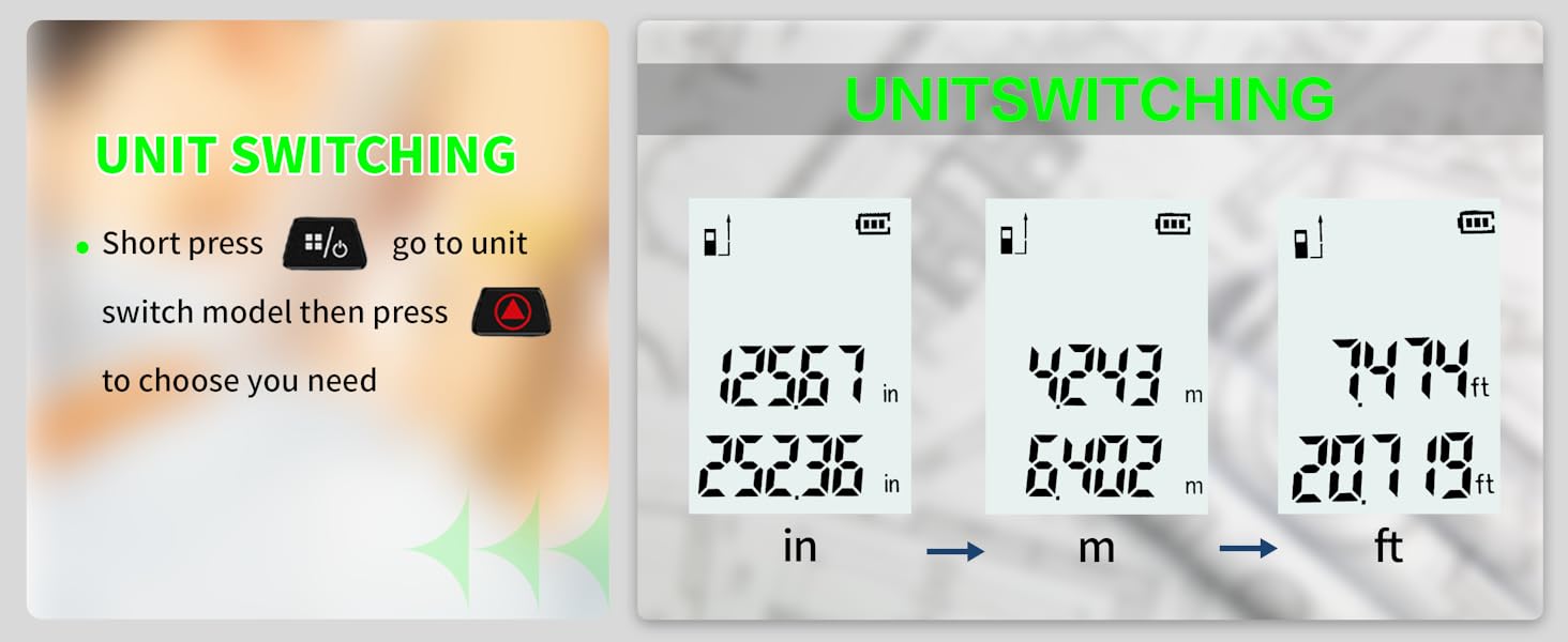 Unit switching; short press to switch units, then press to confirm.
