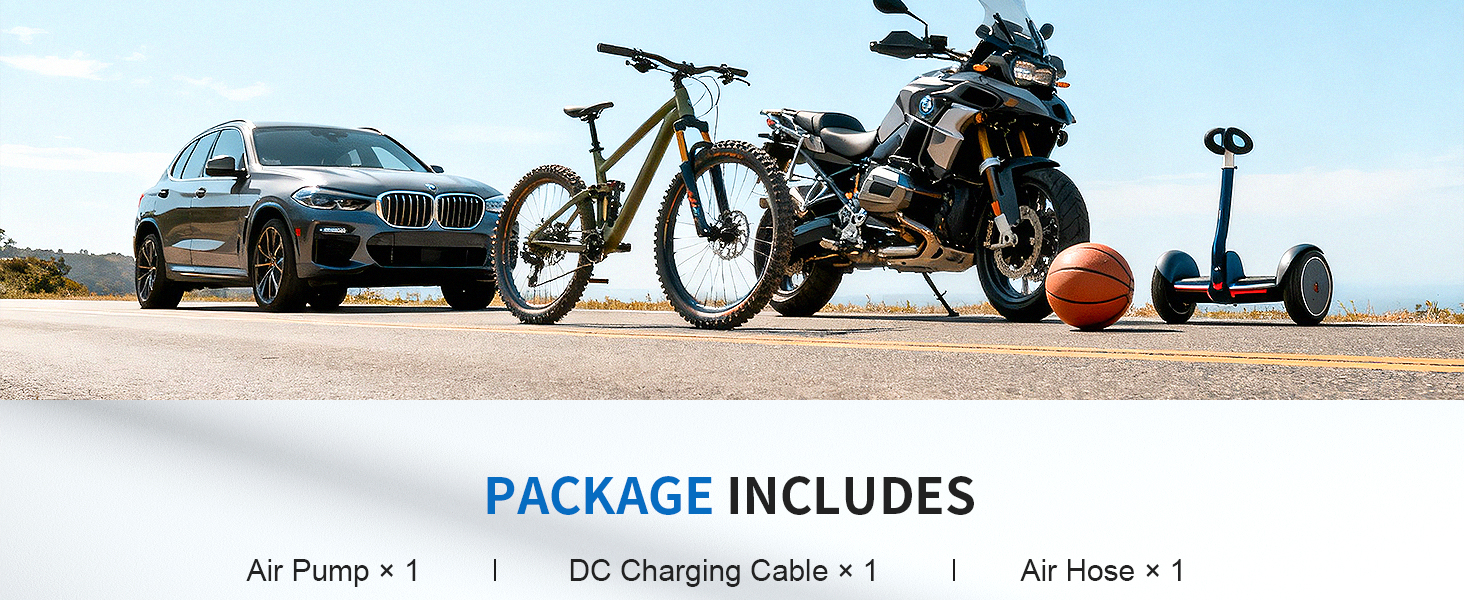 Delivers 12 car tire inflations per charge, motors, bikes, swim rings, and basketballs fits.