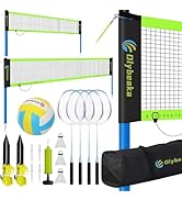 Portable Volleyball &amp; Badminton Combo Net Set for Backyard Beach with 2 Nets (20ft and 32ft), Adj...