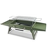Portable green metal camping grill with extendable legs and removable grate. Compact design for outdoor cooking.