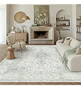 HUGEAR Area Rug 8x10 Vintage Green Machine Washable Living Room Rugs Thin Neutral Floral Vacuumab...