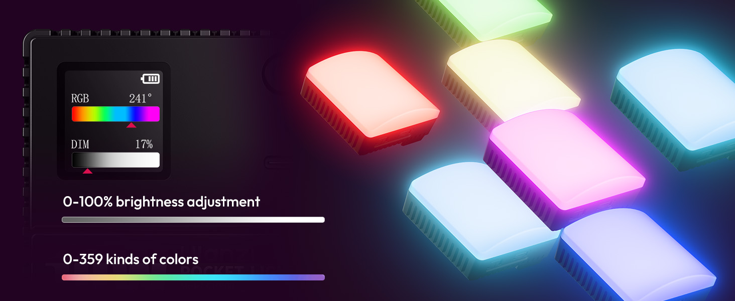Digital interface showing RGB color spectrum with multiple illuminated panels displaying different colored lights - red, green, blue, and pink.