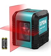 Compact laser level tool in turquoise and black housing, projecting red laser lines. Includes two batteries shown separately.