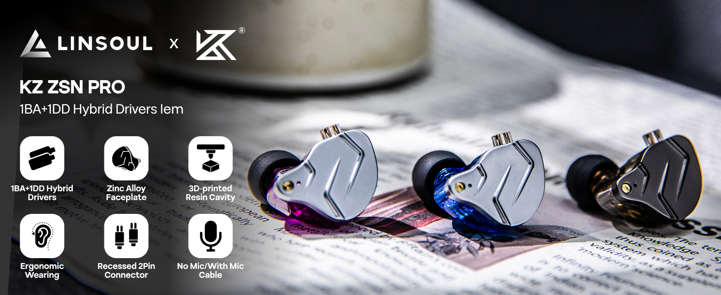Linsoul KZ ZSN Pro Dual Driver 1BA+1DD Hybrid Metal Earphones