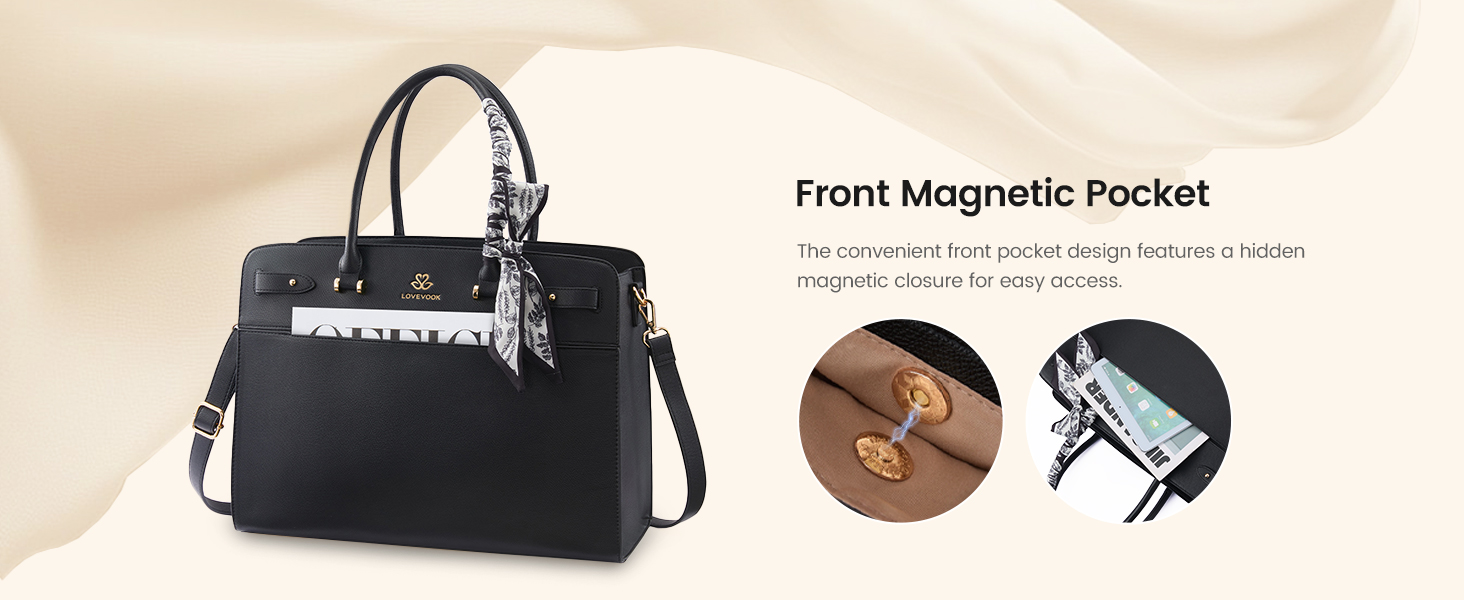 LOVEVOOK Laptop Bag: Convenient front pocket with hidden magnetic closure for easy access to items.
