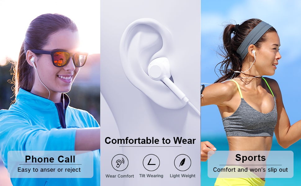 Text reads 'Phone Call' 'Comfortable to wear' 'Sports'. Collection of lifestyle usage photos showing neck support cushion being used in various daily activities.
