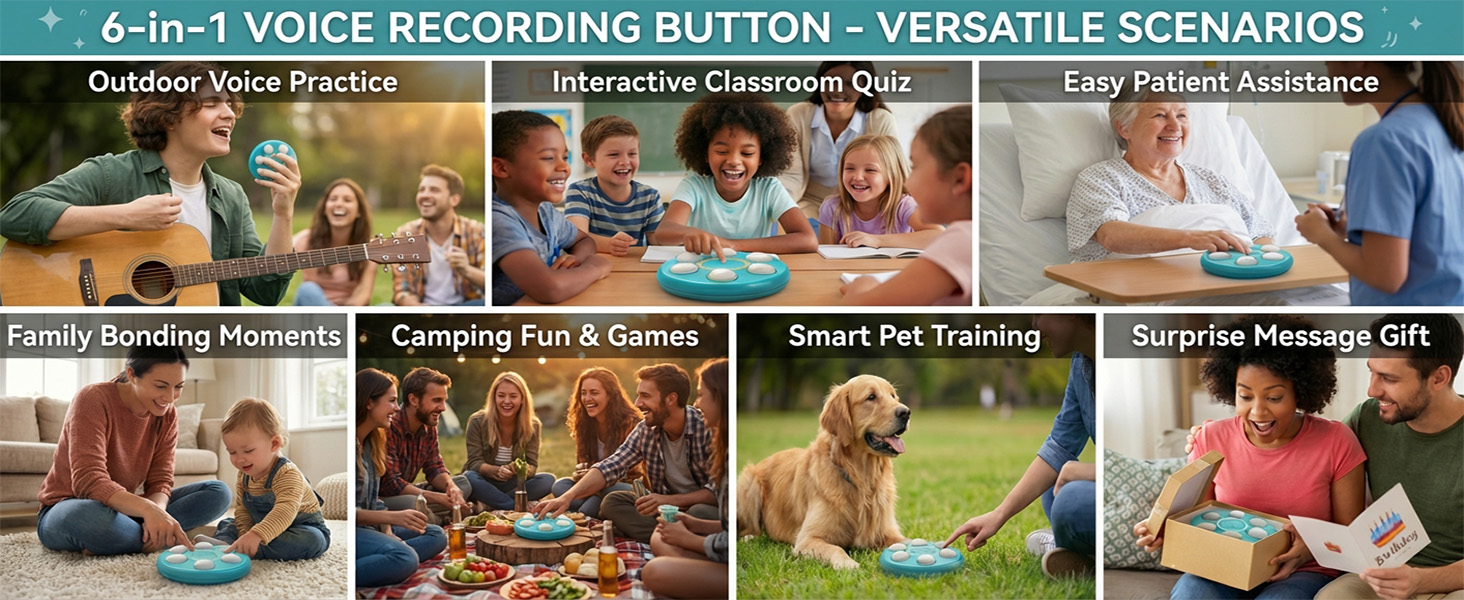 6-in-1 voice recording button used in multiple everyday scenarios