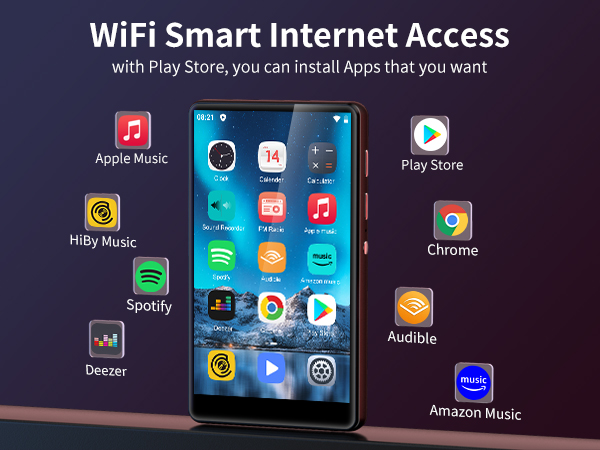 Smartphone screen displaying various app icons for WiFi Smart Internet Access, including music streaming and web browsing applications.