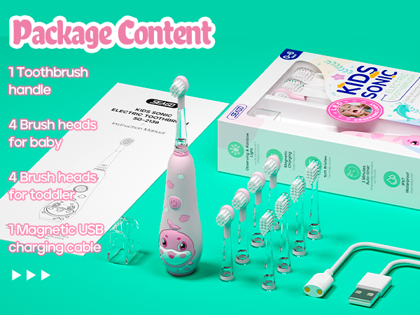 Package content: 1 toothbrush handle, 8 replacement heads, 1 magnetic use charging cable
