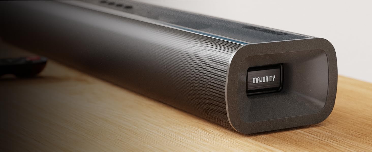 The Naga 60 TV Soundbar features stylish end caps that add a sleek, modern touch to its design.