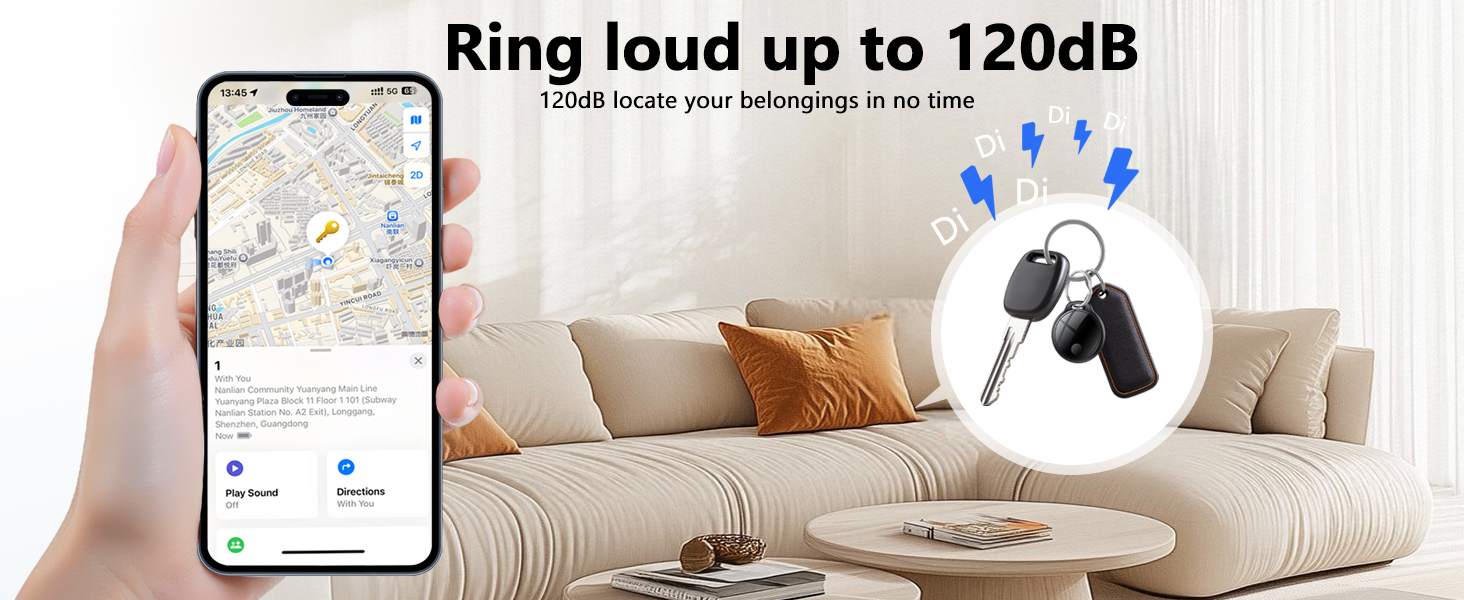 Text reads 'Ring loud up to 120dB'. Marketing image showing smartphone with map interface and car key fob device, blue lightning bolt icons indicating sound emission.
