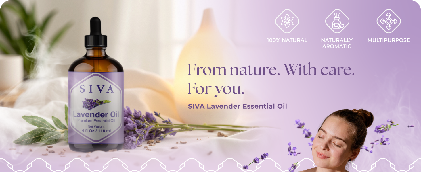 A 4 ounce amber glass bottle of SIVA Lavender essential oil being used for aromatherapy in diffuser