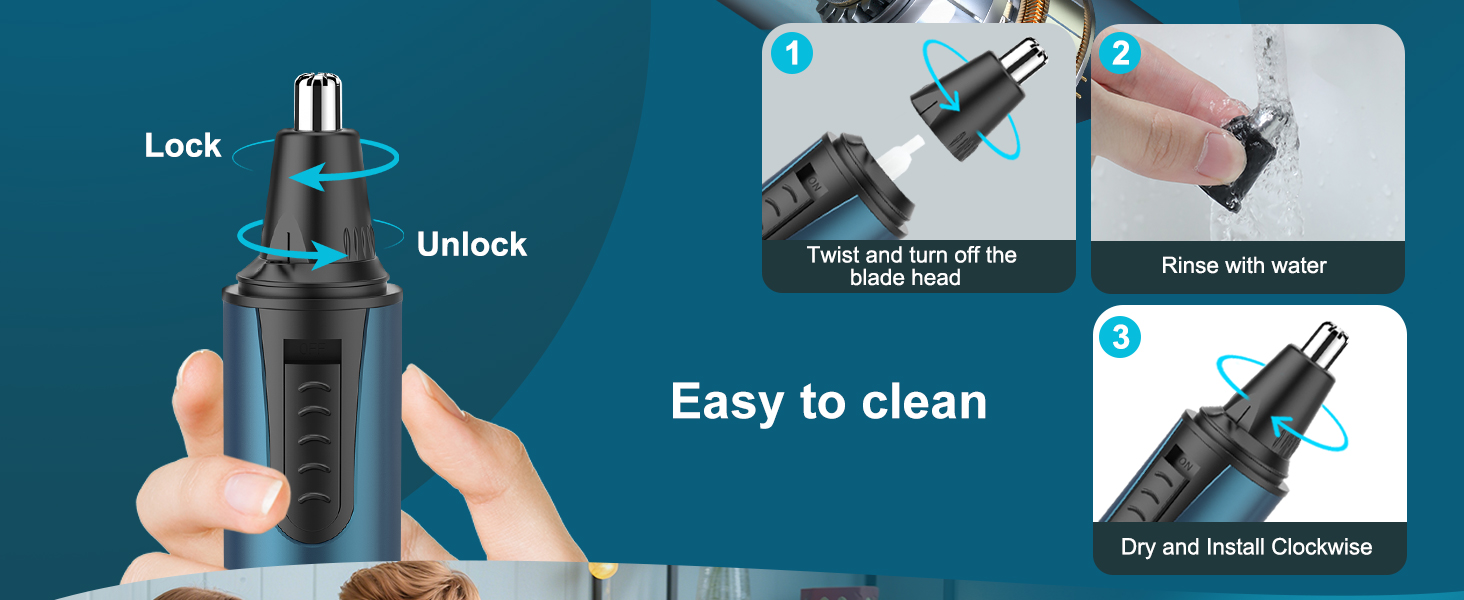 Text reads 'Lock', 'Unlock', 'Easy to clean'. Instructional diagram showing three steps for cleaning a water bottle cap mechanism with detailed hand positions.