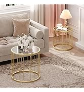 HOOBRO Small Coffee Table Set of 2, Gold Accent End Tables with Metal Frame, Round Coffee Side Ta...