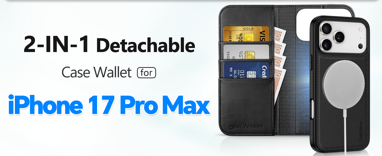 Text reads '2-IN-1 Detachable', 'Case Wallet', 'iPhone 17 Pro Max'. Product showcase of a black phone wallet case with detachable features.