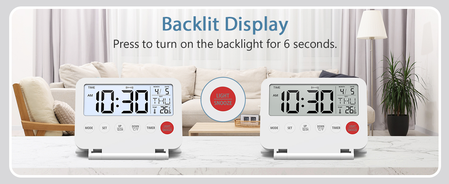 Digital Travel Alarm Clock, Large LCD Display Small Alarm Clock with Temperature, 12/24H, Desk Clock