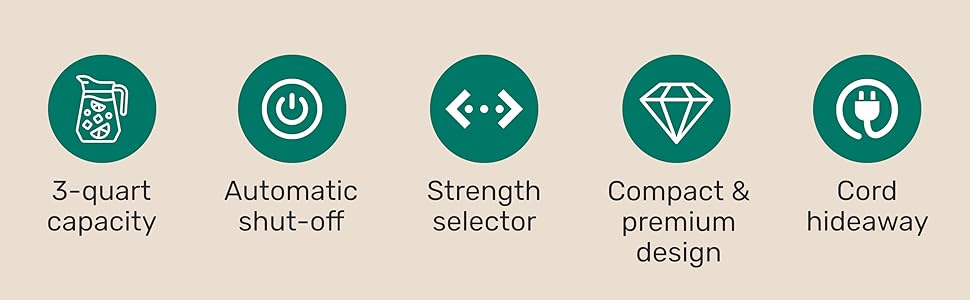 3 quart capacity, automatic shut off, strength selector, cord hideaway