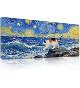 Cute Calico Cat Surfing Mouse Pad, Starry Night Style Mousepad - Large Non-Slip Desk Mat for Offi...