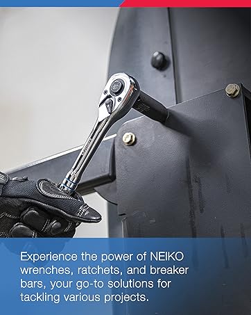 A person using a wrench on a machine. Text reads: NEIKO wrenches, ratchets, and breaker bars.