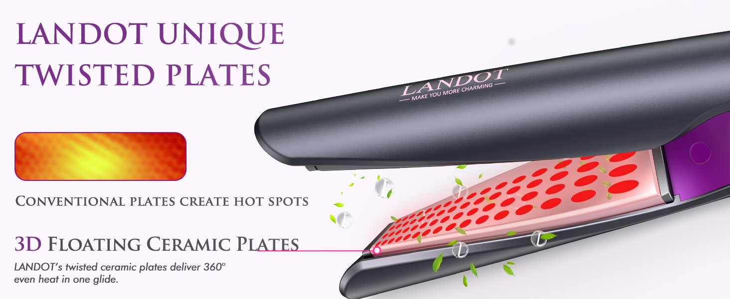 Text reads 'LANDOT UNIQUE TWISTED PLATES', 'CONVENTIONAL PLATES CREATE HOT SPOTS', '3D FLOATING CERAMIC PLATES'. Black hair straightener with purple accents and floating ceramic plate technology shown.