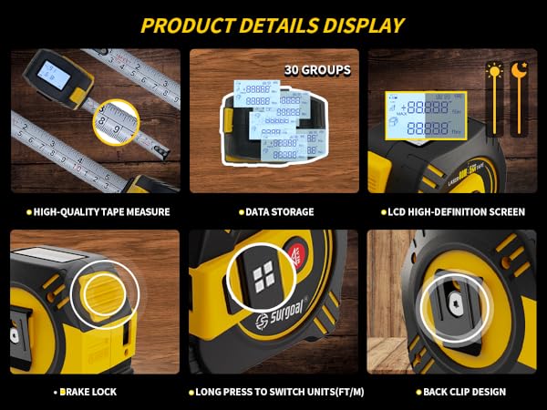 Laser measure, LCD screen. Accurate distance, auto calculation, unit switch. Compact, portable, easy