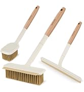 3 Pack Scrub Brush Set with Long Wooden Handle, Heavy-Duty Scrub Brush with Scraper Strip, Shower...