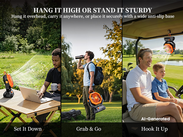 This portable fan for camping features a foldable hook and anti-slip base for flexible use