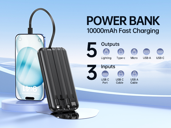 10000mAh Portable Charger with Built in Cable