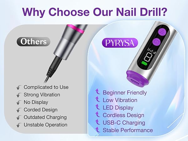 PYRYSA Cordless Nail Drill Better Than Corded Nail Drill with Low Vibration LED Display For Beginner