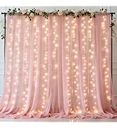 Ledido 10×8ft Pink Tulle Backdrop Curtains with Lights String - 300LED Fairy Lights Sheer Curtain...